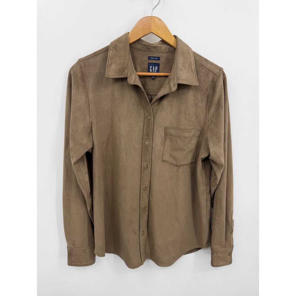 Gap Perfect Shirt Button Down sz L Brown Faux Suede Long Sleeve Plymouth Rock